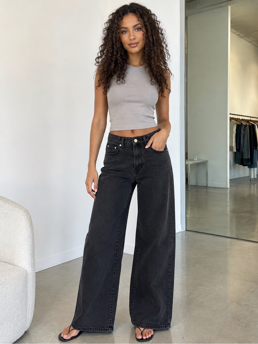 Edikted Black Washed Wide Leg Jeans XS Y2K Baggy Denim
